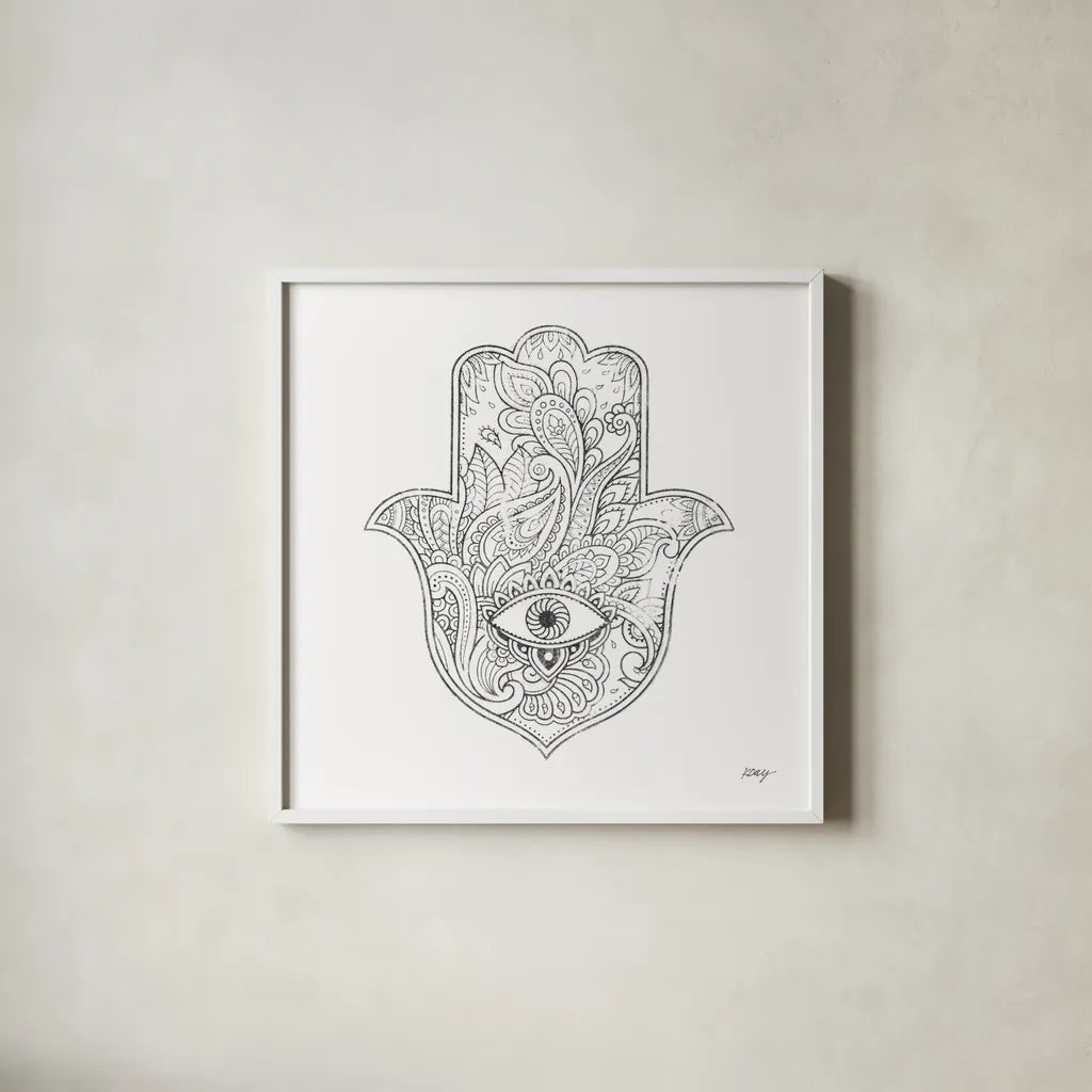 Buddha Hamsa Eye by Kellie Day. Shown in a crisp white glass frame for a clean and minimalist style. Available as an archival giclee rolled canvas, fine art paper, or poster print. SKU 72720a.