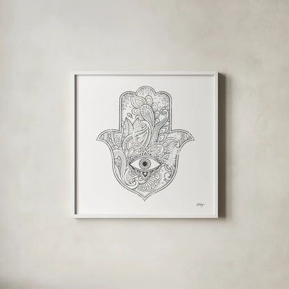Buddha Hamsa Eye by Kellie Day. Shown in a crisp white glass frame for a clean and minimalist style. Available as an archival giclee rolled canvas, fine art paper, or poster print. SKU 72720a.