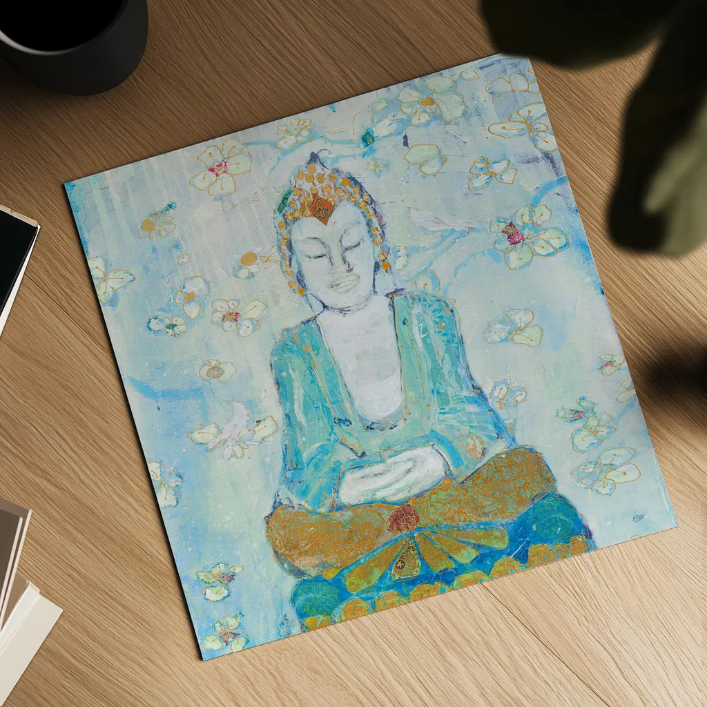 Buddha Square by Kellie Day. Shown as a detailed flat fine art print, highlighting archival giclee quality. Available as an archival giclee rolled canvas, fine art paper, or poster print. SKU 48011a.