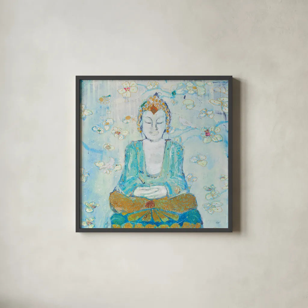 Buddha Square by Kellie Day. Shown in a sleek black glass frame for a contemporary gallery look. Available as an archival giclee rolled canvas, fine art paper, or poster print. SKU 48011a.