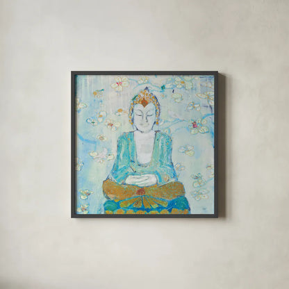 Buddha Square by Kellie Day. Shown in a sleek black glass frame for a contemporary gallery look. Available as an archival giclee rolled canvas, fine art paper, or poster print. SKU 48011a.
