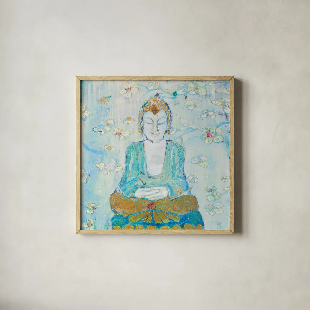 Buddha Square by Kellie Day. Shown in a natural wood glass frame for a timeless modern aesthetic. Available as an archival giclee rolled canvas, fine art paper, or poster print. SKU 48011a.