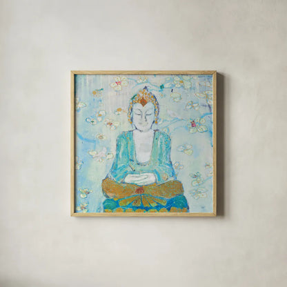 Buddha Square by Kellie Day. Shown in a natural wood glass frame for a timeless modern aesthetic. Available as an archival giclee rolled canvas, fine art paper, or poster print. SKU 48011a.
