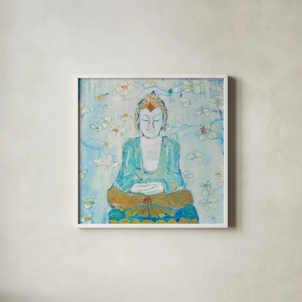 Buddha Square by Kellie Day. Shown in a crisp white glass frame for a clean and minimalist style. Available as an archival giclee rolled canvas, fine art paper, or poster print. SKU 48011a.