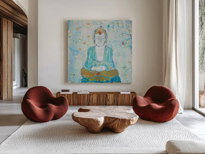 Buddha Square by Kellie Day. Shown as extra-large giant wall art in a modern living room. Available as an archival giclee rolled canvas, fine art paper, or poster print. SKU 48011a.