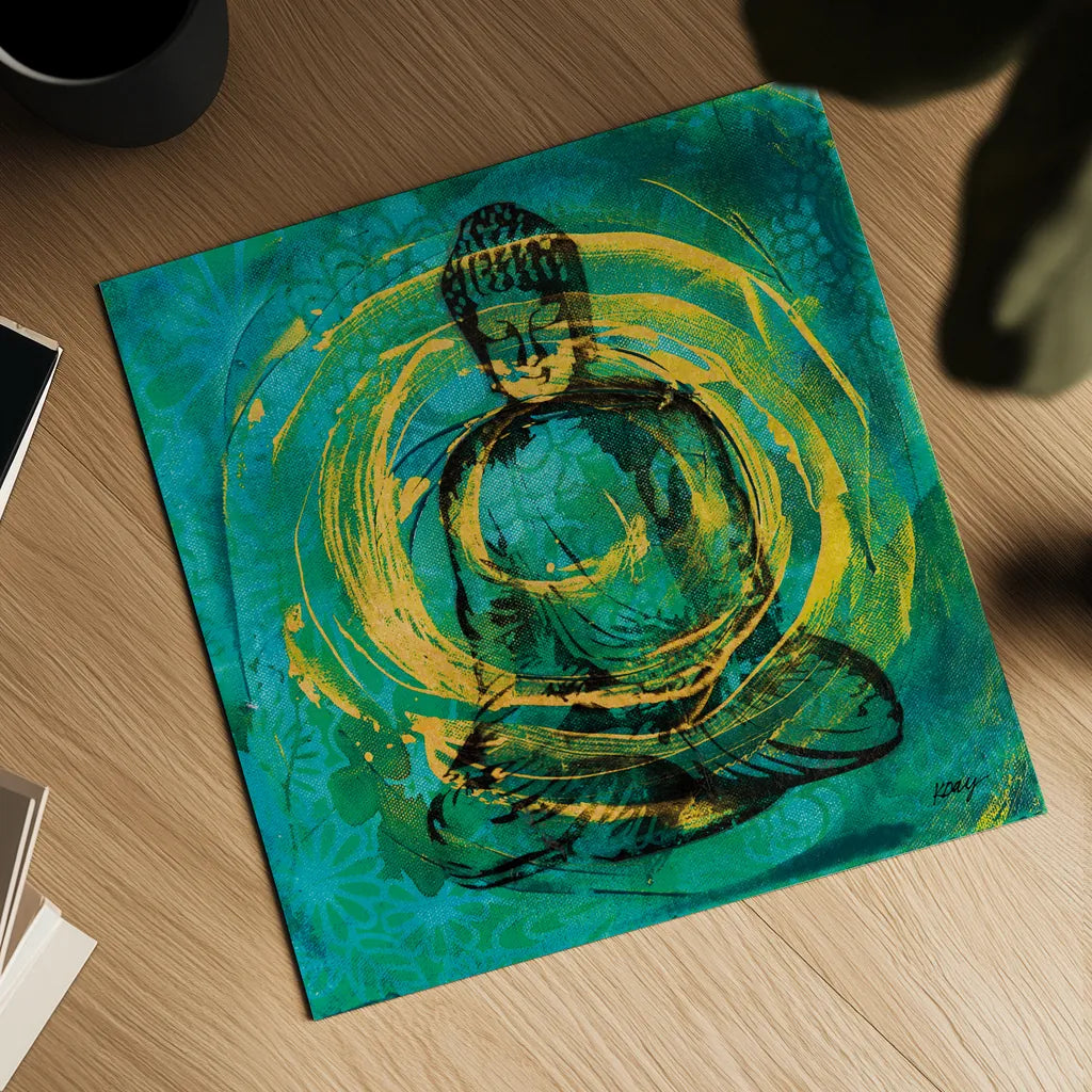 Centered Buddha by Kellie Day. Shown as a detailed flat fine art print, highlighting archival giclee quality. Available as an archival giclee rolled canvas, fine art paper, or poster print. SKU 68653a.