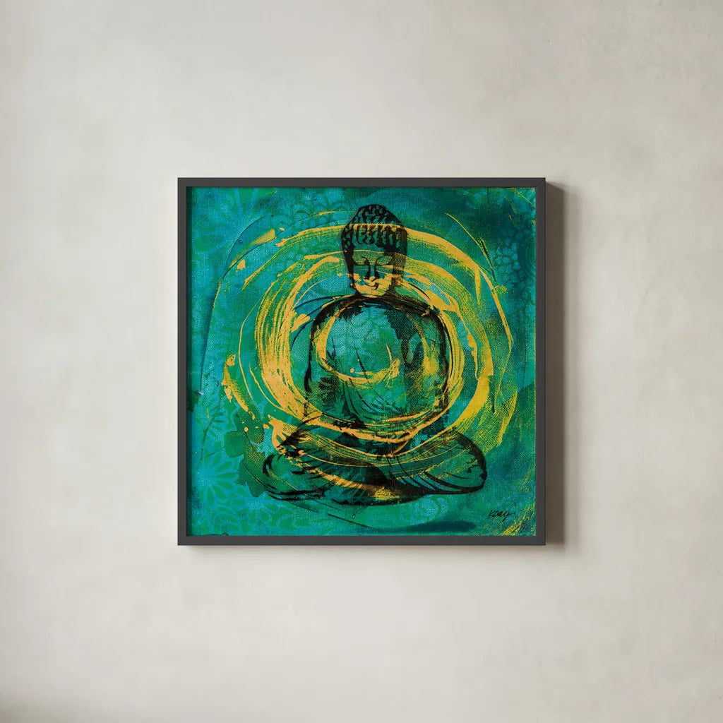 Centered Buddha by Kellie Day. Shown in a sleek black glass frame for a contemporary gallery look. Available as an archival giclee rolled canvas, fine art paper, or poster print. SKU 68653a.