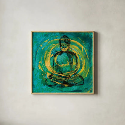 Centered Buddha by Kellie Day. Shown in a natural wood glass frame for a timeless modern aesthetic. Available as an archival giclee rolled canvas, fine art paper, or poster print. SKU 68653a.