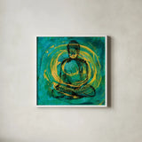 Centered Buddha by Kellie Day. Shown in a crisp white glass frame for a clean and minimalist style. Available as an archival giclee rolled canvas, fine art paper, or poster print. SKU 68653a.