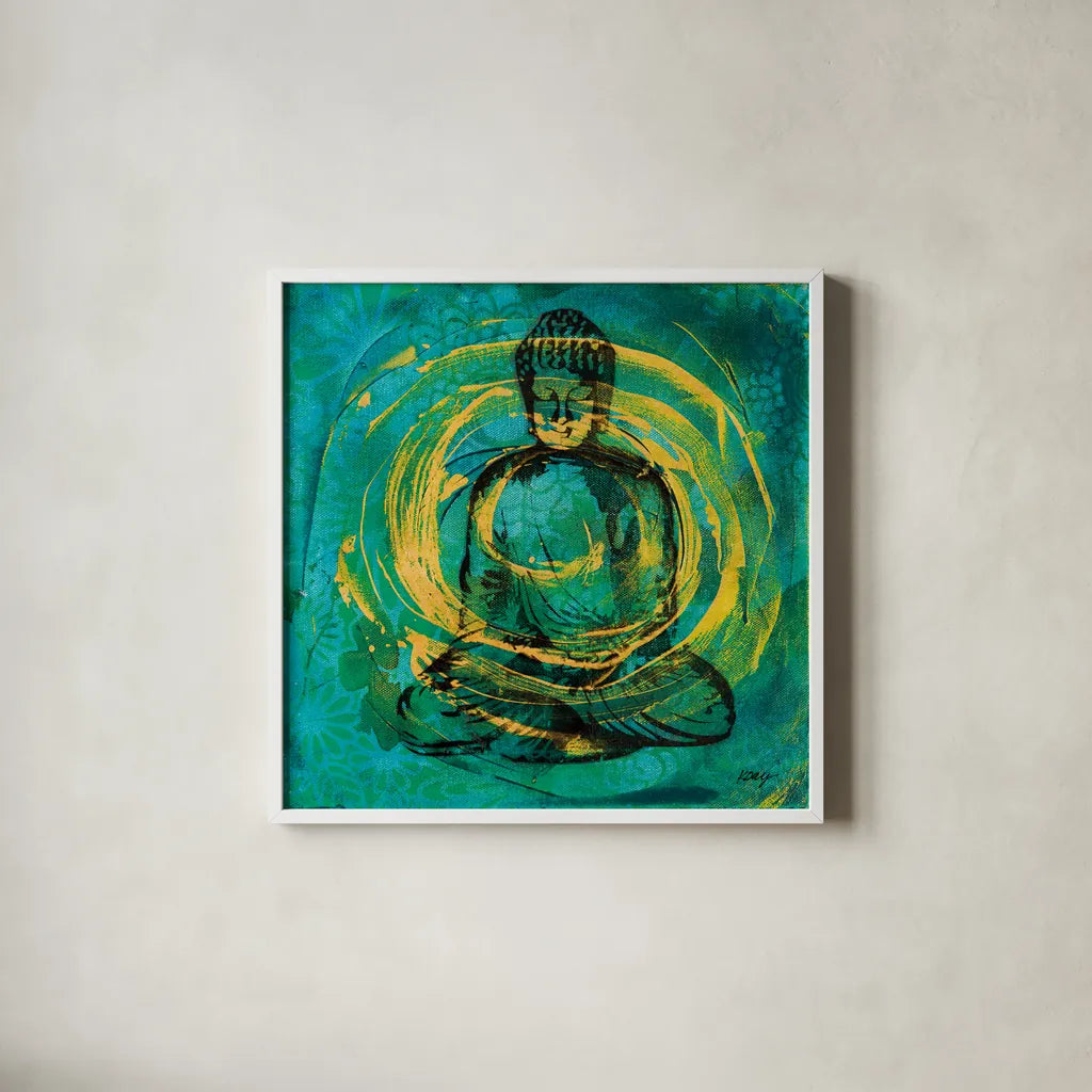 Centered Buddha by Kellie Day. Shown in a crisp white glass frame for a clean and minimalist style. Available as an archival giclee rolled canvas, fine art paper, or poster print. SKU 68653a.