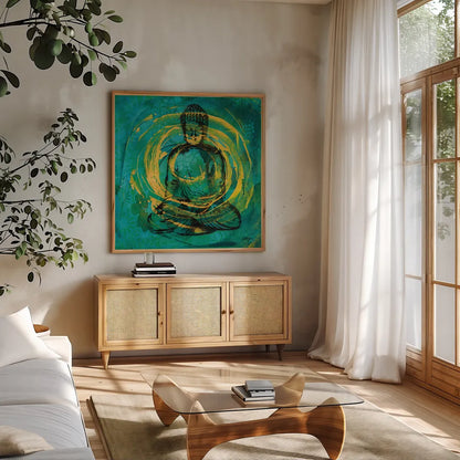 Centered Buddha by Kellie Day. Shown in a natural wood frame in a cozy modern living room. Available as an archival giclee rolled canvas, fine art paper, or poster print. SKU 68653a.