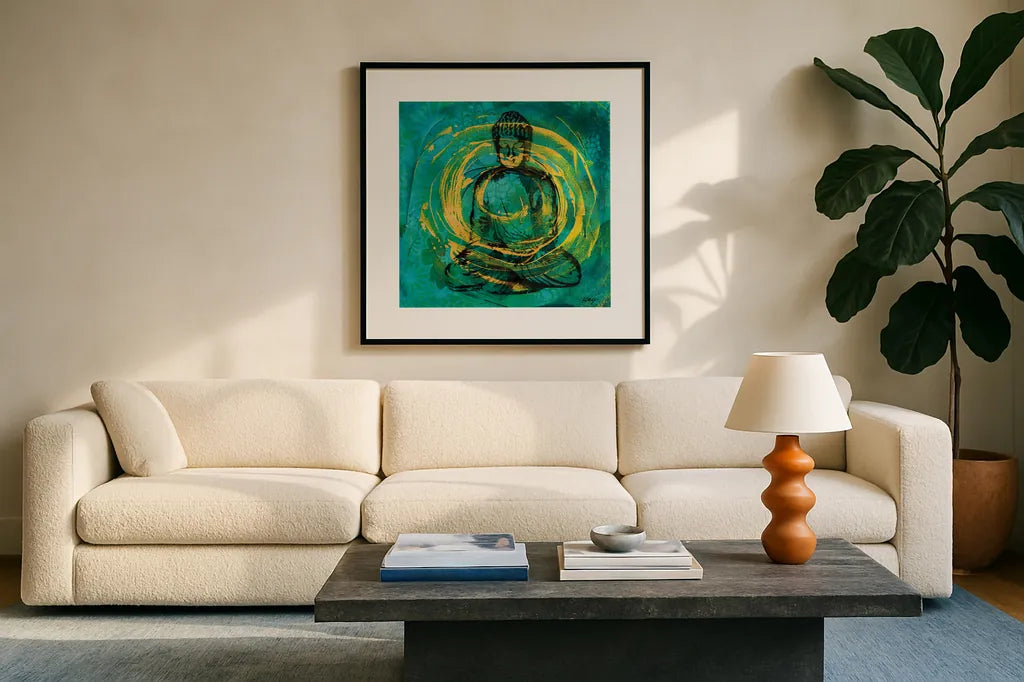 Centered Buddha by Kellie Day. Displayed in a glass frame with matte in a clean modern living room. Available as an archival giclee rolled canvas, fine art paper, or poster print. SKU 68653a.