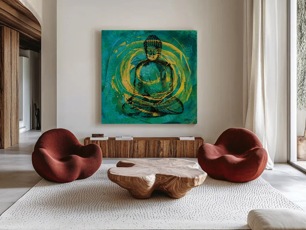 Centered Buddha by Kellie Day. Shown as extra-large giant wall art in a modern living room. Available as an archival giclee rolled canvas, fine art paper, or poster print. SKU 68653a.