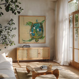 Chentes Turtle by Kellie Day. Shown in a natural wood frame in a cozy modern living room. Available as an archival giclee rolled canvas, fine art paper, or poster print. SKU 27635a.