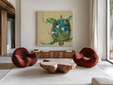 Chentes Turtle by Kellie Day. Shown as extra-large giant wall art in a modern living room. Available as an archival giclee rolled canvas, fine art paper, or poster print. SKU 27635a.