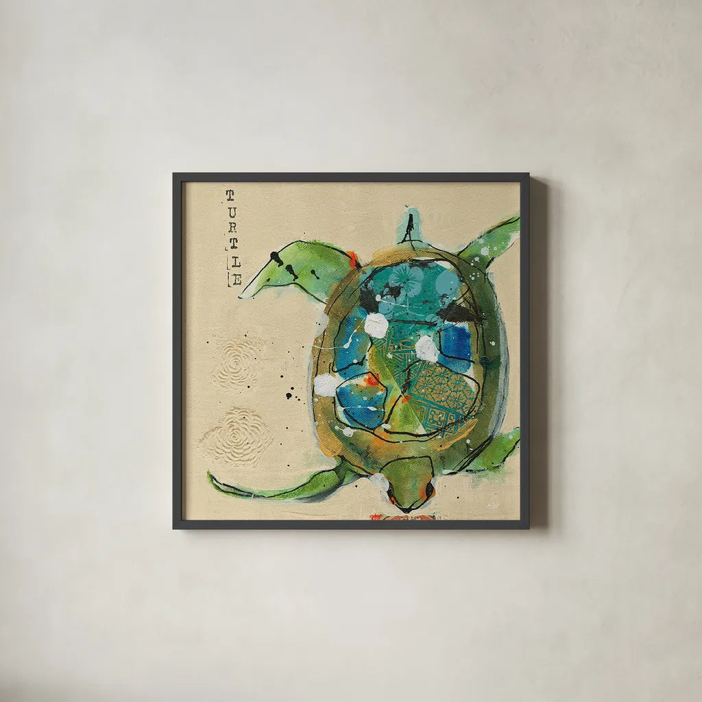 Chentes Turtle Light by Kellie Day. Shown in a sleek black glass frame for a contemporary gallery look. Available as an archival giclee rolled canvas, fine art paper, or poster print. SKU 28181a.