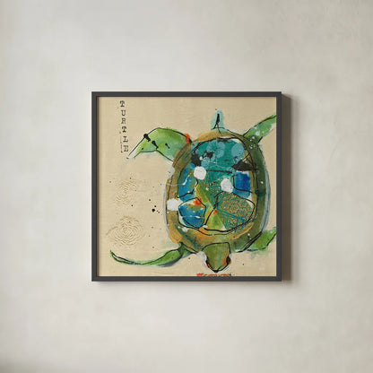 Chentes Turtle Light by Kellie Day. Shown in a sleek black glass frame for a contemporary gallery look. Available as an archival giclee rolled canvas, fine art paper, or poster print. SKU 28181a.