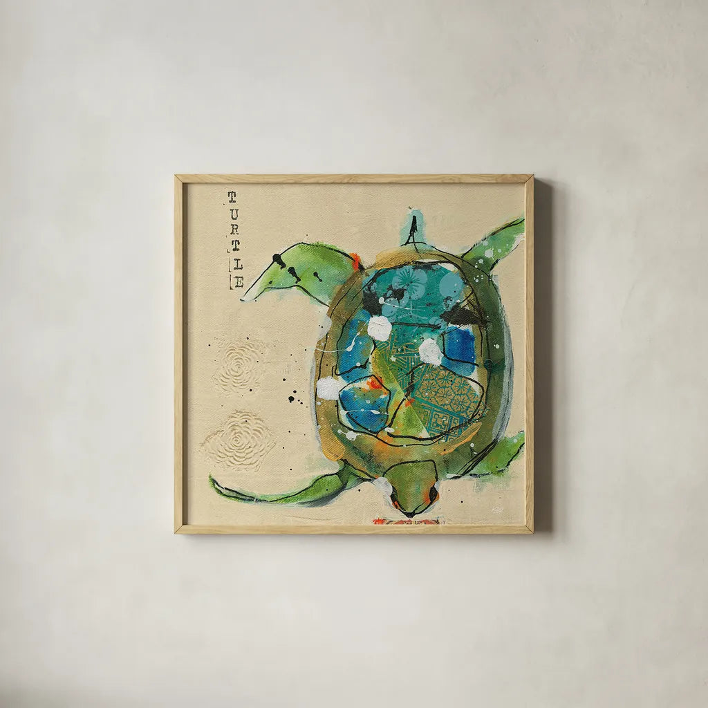 Chentes Turtle Light by Kellie Day. Shown in a natural wood glass frame for a timeless modern aesthetic. Available as an archival giclee rolled canvas, fine art paper, or poster print. SKU 28181a.