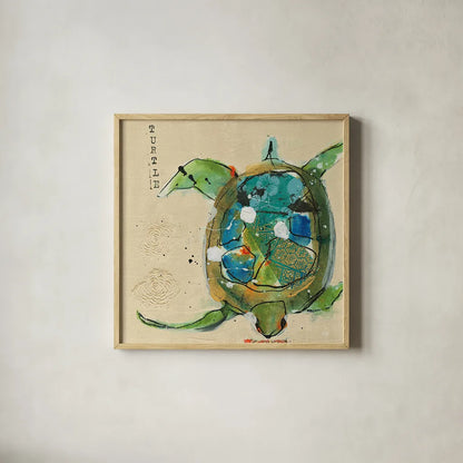 Chentes Turtle Light by Kellie Day. Shown in a natural wood glass frame for a timeless modern aesthetic. Available as an archival giclee rolled canvas, fine art paper, or poster print. SKU 28181a.