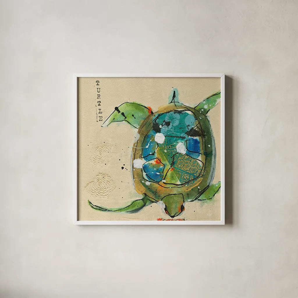 Chentes Turtle Light by Kellie Day. Shown in a crisp white glass frame for a clean and minimalist style. Available as an archival giclee rolled canvas, fine art paper, or poster print. SKU 28181a.