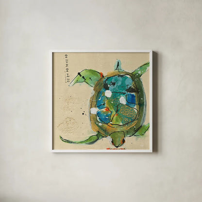 Chentes Turtle Light by Kellie Day. Shown in a crisp white glass frame for a clean and minimalist style. Available as an archival giclee rolled canvas, fine art paper, or poster print. SKU 28181a.