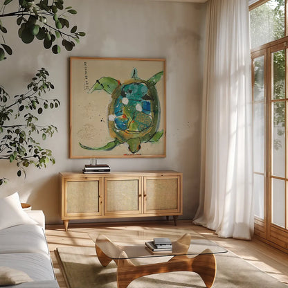 Chentes Turtle Light by Kellie Day. Shown in a natural wood frame in a cozy modern living room. Available as an archival giclee rolled canvas, fine art paper, or poster print. SKU 28181a.