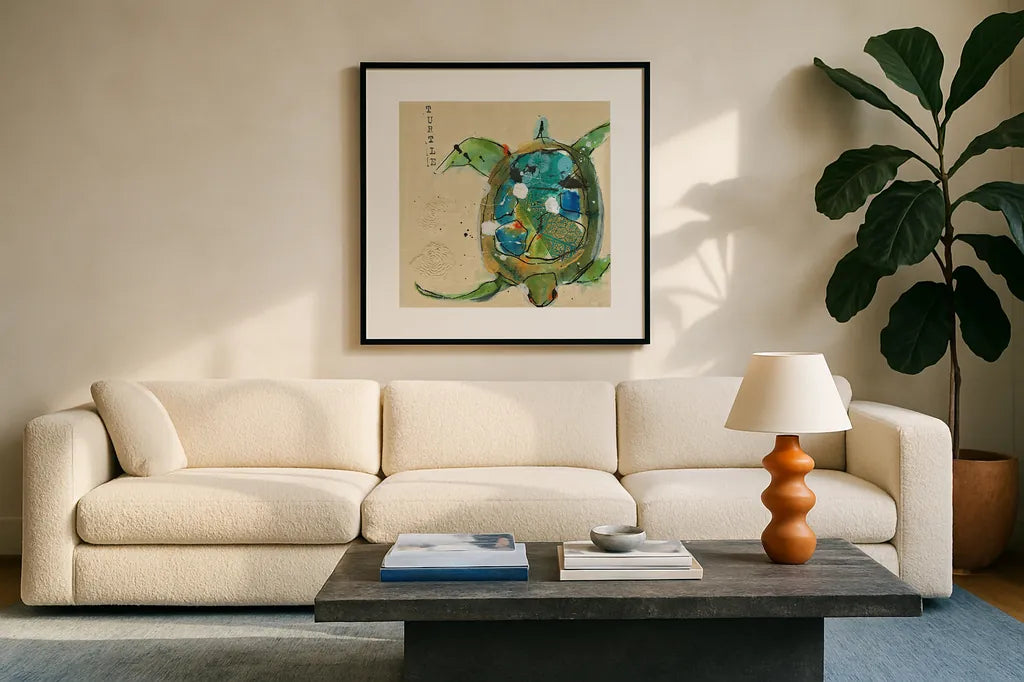 Chentes Turtle Light by Kellie Day. Displayed in a glass frame with matte in a clean modern living room. Available as an archival giclee rolled canvas, fine art paper, or poster print. SKU 28181a.