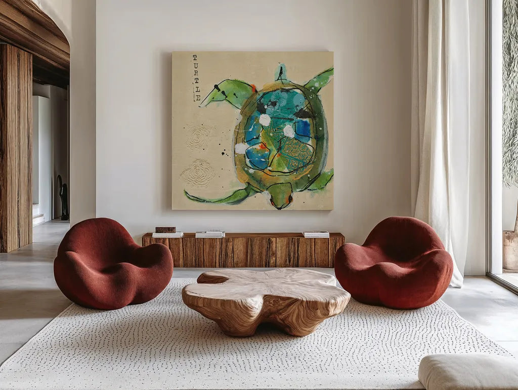 Chentes Turtle Light by Kellie Day. Shown as extra-large giant wall art in a modern living room. Available as an archival giclee rolled canvas, fine art paper, or poster print. SKU 28181a.