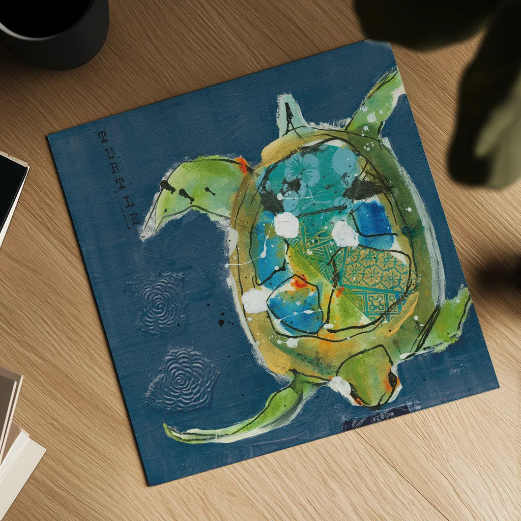 Chentes Turtle on Blue by Kellie Day. Shown as a detailed flat fine art print, highlighting archival giclee quality. Available as an archival giclee rolled canvas, fine art paper, or poster print. SKU 75513a.