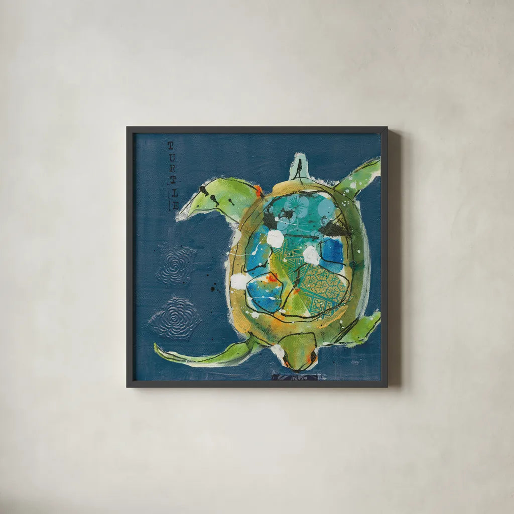 Chentes Turtle on Blue by Kellie Day. Shown in a sleek black glass frame for a contemporary gallery look. Available as an archival giclee rolled canvas, fine art paper, or poster print. SKU 75513a.