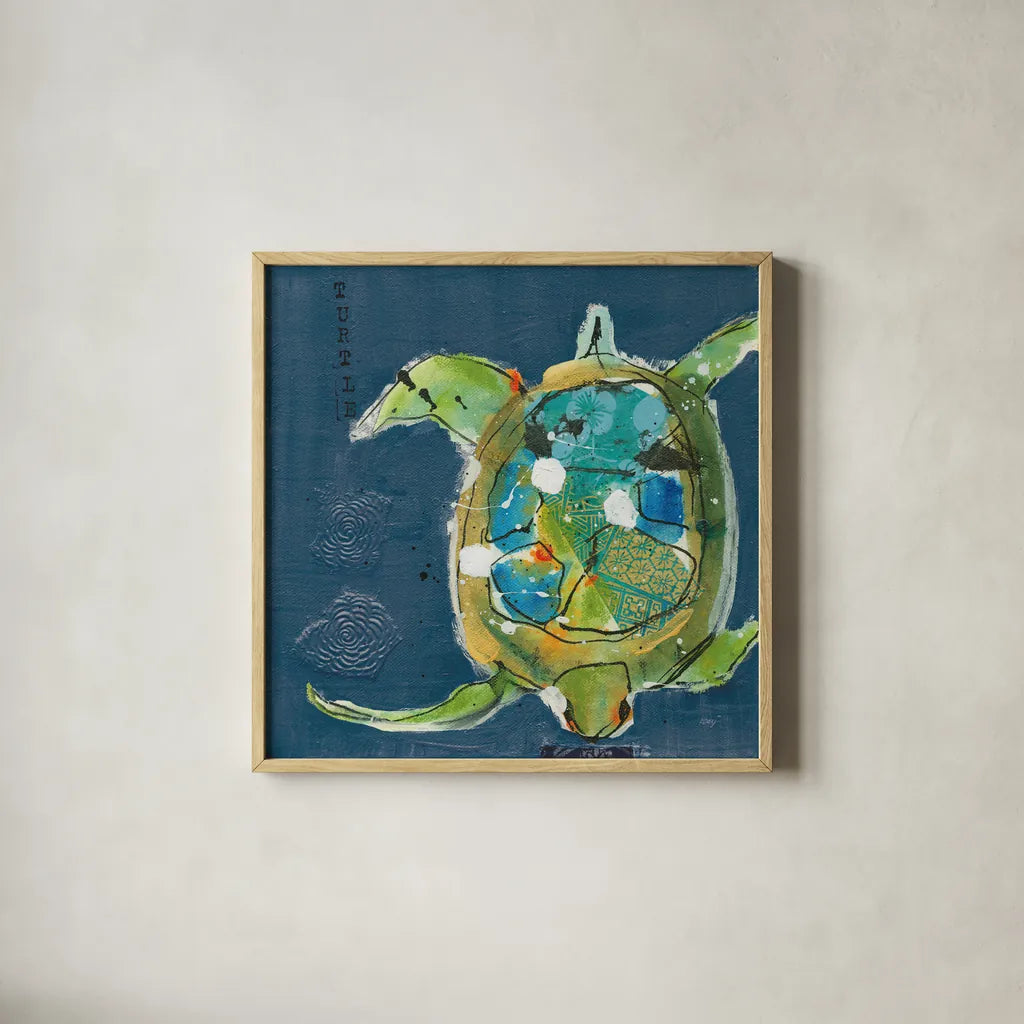 Chentes Turtle on Blue by Kellie Day. Shown in a natural wood glass frame for a timeless modern aesthetic. Available as an archival giclee rolled canvas, fine art paper, or poster print. SKU 75513a.