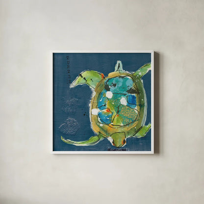 Chentes Turtle on Blue by Kellie Day. Shown in a crisp white glass frame for a clean and minimalist style. Available as an archival giclee rolled canvas, fine art paper, or poster print. SKU 75513a.
