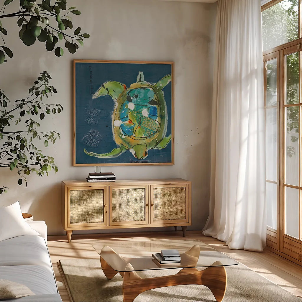 Chentes Turtle on Blue by Kellie Day. Shown in a natural wood frame in a cozy modern living room. Available as an archival giclee rolled canvas, fine art paper, or poster print. SKU 75513a.