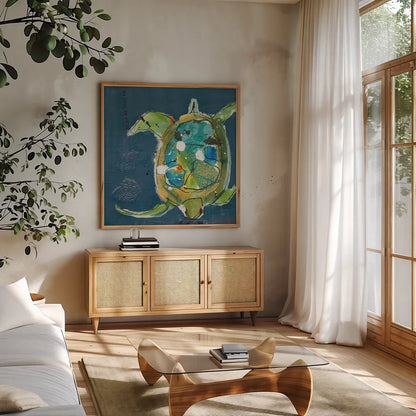 Chentes Turtle on Blue by Kellie Day. Shown in a natural wood frame in a cozy modern living room. Available as an archival giclee rolled canvas, fine art paper, or poster print. SKU 75513a.