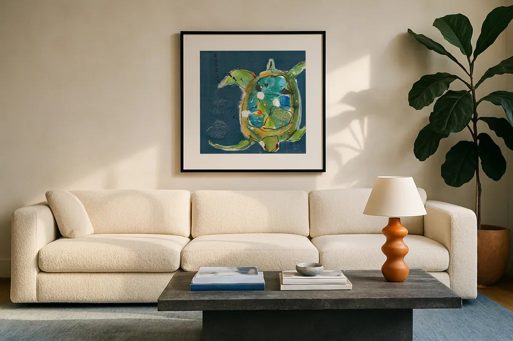 Chentes Turtle on Blue by Kellie Day. Displayed in a glass frame with matte in a clean modern living room. Available as an archival giclee rolled canvas, fine art paper, or poster print. SKU 75513a.