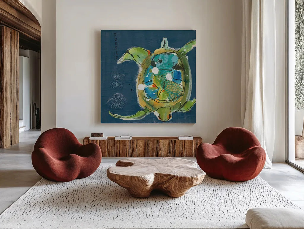 Chentes Turtle on Blue by Kellie Day. Shown as extra-large giant wall art in a modern living room. Available as an archival giclee rolled canvas, fine art paper, or poster print. SKU 75513a.