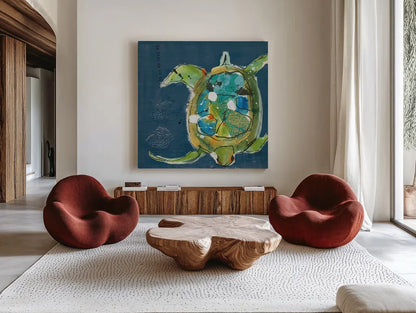 Chentes Turtle on Blue by Kellie Day. Shown as extra-large giant wall art in a modern living room. Available as an archival giclee rolled canvas, fine art paper, or poster print. SKU 75513a.