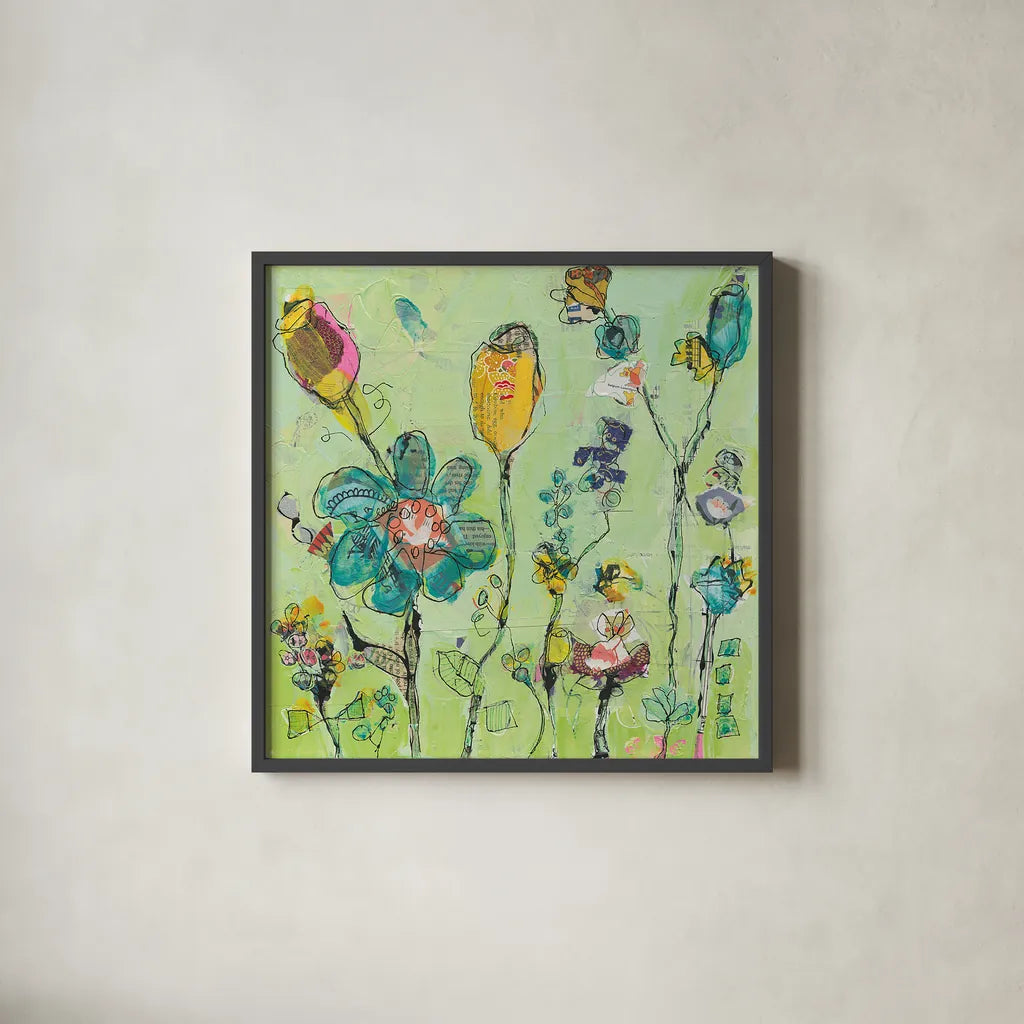 Doodle Garden by Kellie Day. Shown in a sleek black glass frame for a contemporary gallery look. Available as an archival giclee rolled canvas, fine art paper, or poster print. SKU 27632a.