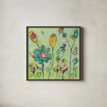 Doodle Garden by Kellie Day. Shown in a sleek black glass frame for a contemporary gallery look. Available as an archival giclee rolled canvas, fine art paper, or poster print. SKU 27632a.