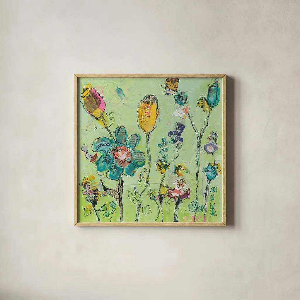 Doodle Garden by Kellie Day. Shown in a natural wood glass frame for a timeless modern aesthetic. Available as an archival giclee rolled canvas, fine art paper, or poster print. SKU 27632a.