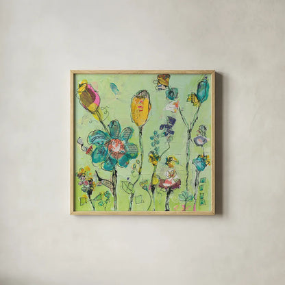 Doodle Garden by Kellie Day. Shown in a natural wood glass frame for a timeless modern aesthetic. Available as an archival giclee rolled canvas, fine art paper, or poster print. SKU 27632a.