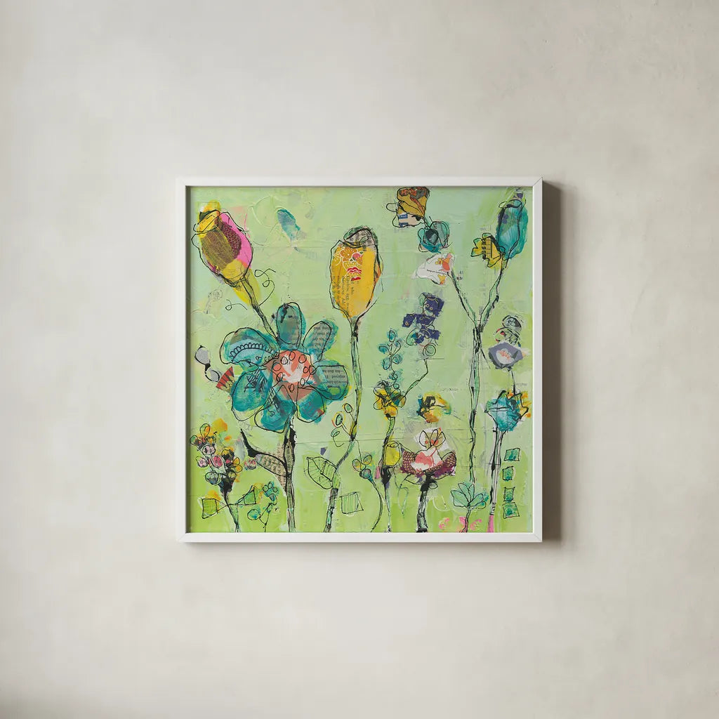 Doodle Garden by Kellie Day. Shown in a crisp white glass frame for a clean and minimalist style. Available as an archival giclee rolled canvas, fine art paper, or poster print. SKU 27632a.