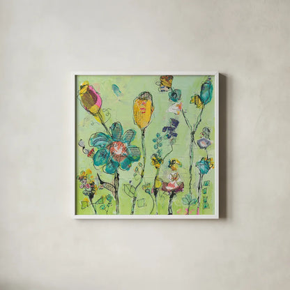 Doodle Garden by Kellie Day. Shown in a crisp white glass frame for a clean and minimalist style. Available as an archival giclee rolled canvas, fine art paper, or poster print. SKU 27632a.