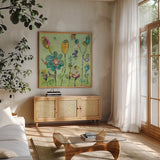 Doodle Garden by Kellie Day. Shown in a natural wood frame in a cozy modern living room. Available as an archival giclee rolled canvas, fine art paper, or poster print. SKU 27632a.