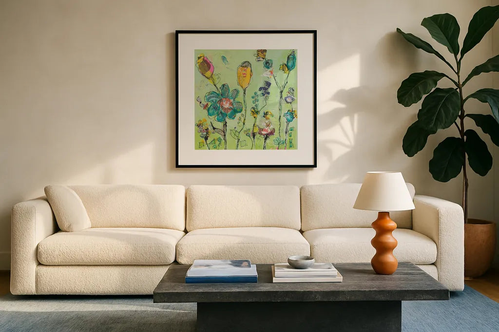 Doodle Garden by Kellie Day. Displayed in a glass frame with matte in a clean modern living room. Available as an archival giclee rolled canvas, fine art paper, or poster print. SKU 27632a.