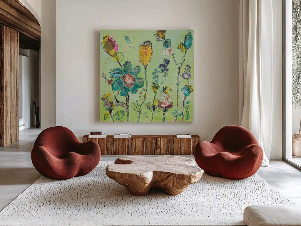 Doodle Garden by Kellie Day. Shown as extra-large giant wall art in a modern living room. Available as an archival giclee rolled canvas, fine art paper, or poster print. SKU 27632a.