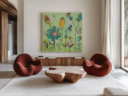 Doodle Garden by Kellie Day. Shown as extra-large giant wall art in a modern living room. Available as an archival giclee rolled canvas, fine art paper, or poster print. SKU 27632a.