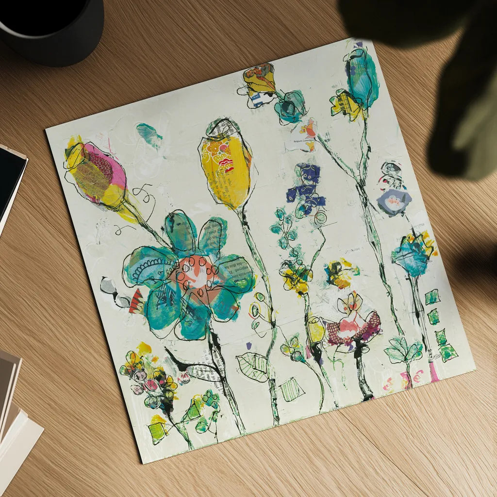 Doodle Garden Cream by Kellie Day. Shown as a detailed flat fine art print, highlighting archival giclee quality. Available as an archival giclee rolled canvas, fine art paper, or poster print. SKU 36082a.
