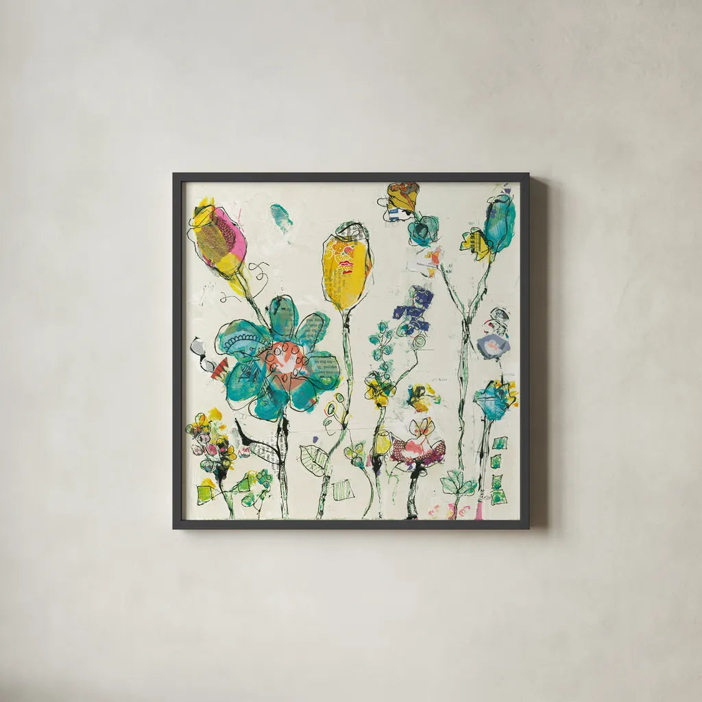 Doodle Garden Cream by Kellie Day. Shown in a sleek black glass frame for a contemporary gallery look. Available as an archival giclee rolled canvas, fine art paper, or poster print. SKU 36082a.