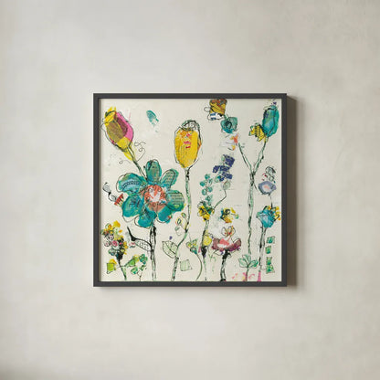 Doodle Garden Cream by Kellie Day. Shown in a sleek black glass frame for a contemporary gallery look. Available as an archival giclee rolled canvas, fine art paper, or poster print. SKU 36082a.